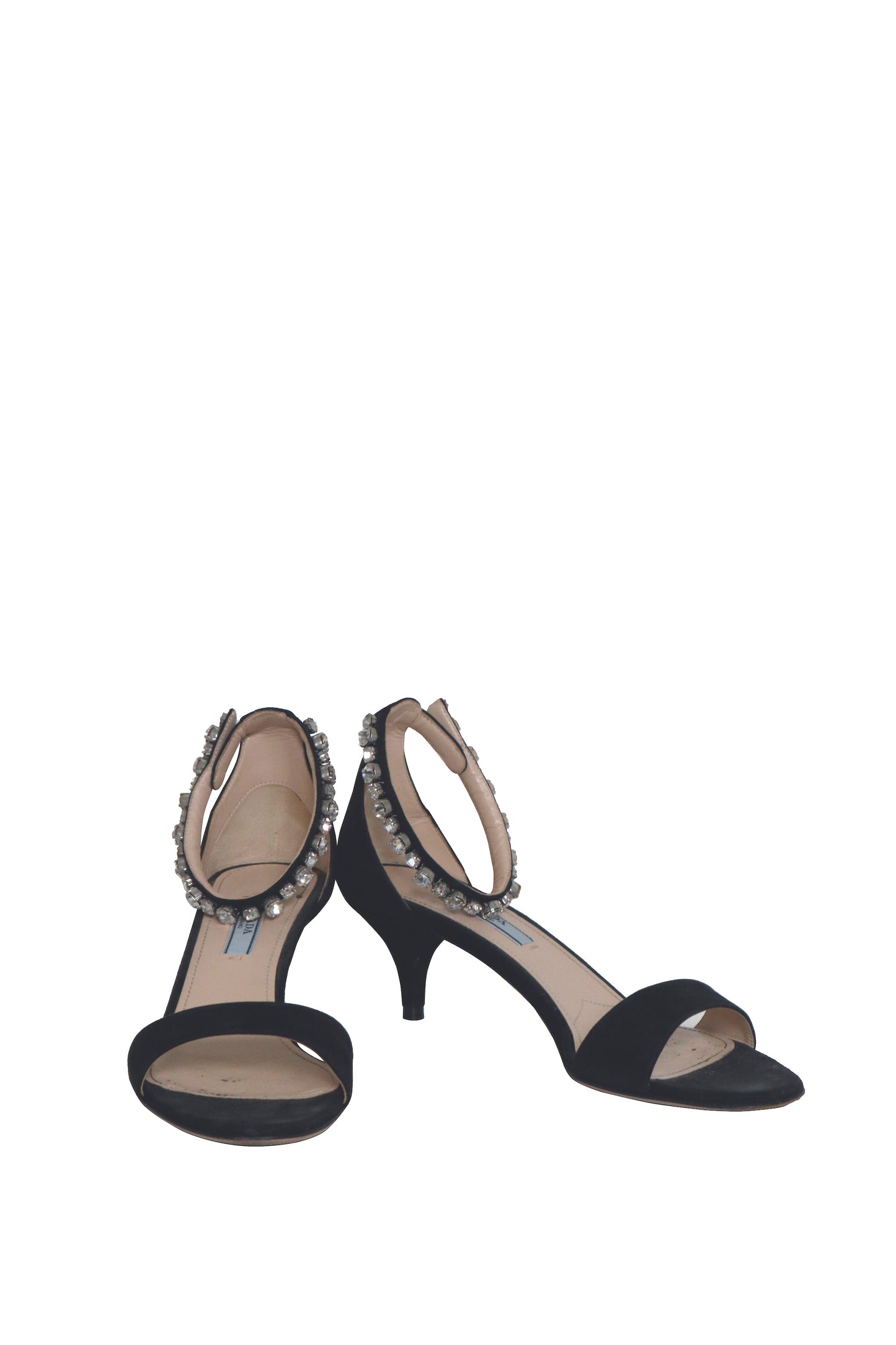 PRADA - Black Crystal Sandals Kitten Heel - Size 37.5