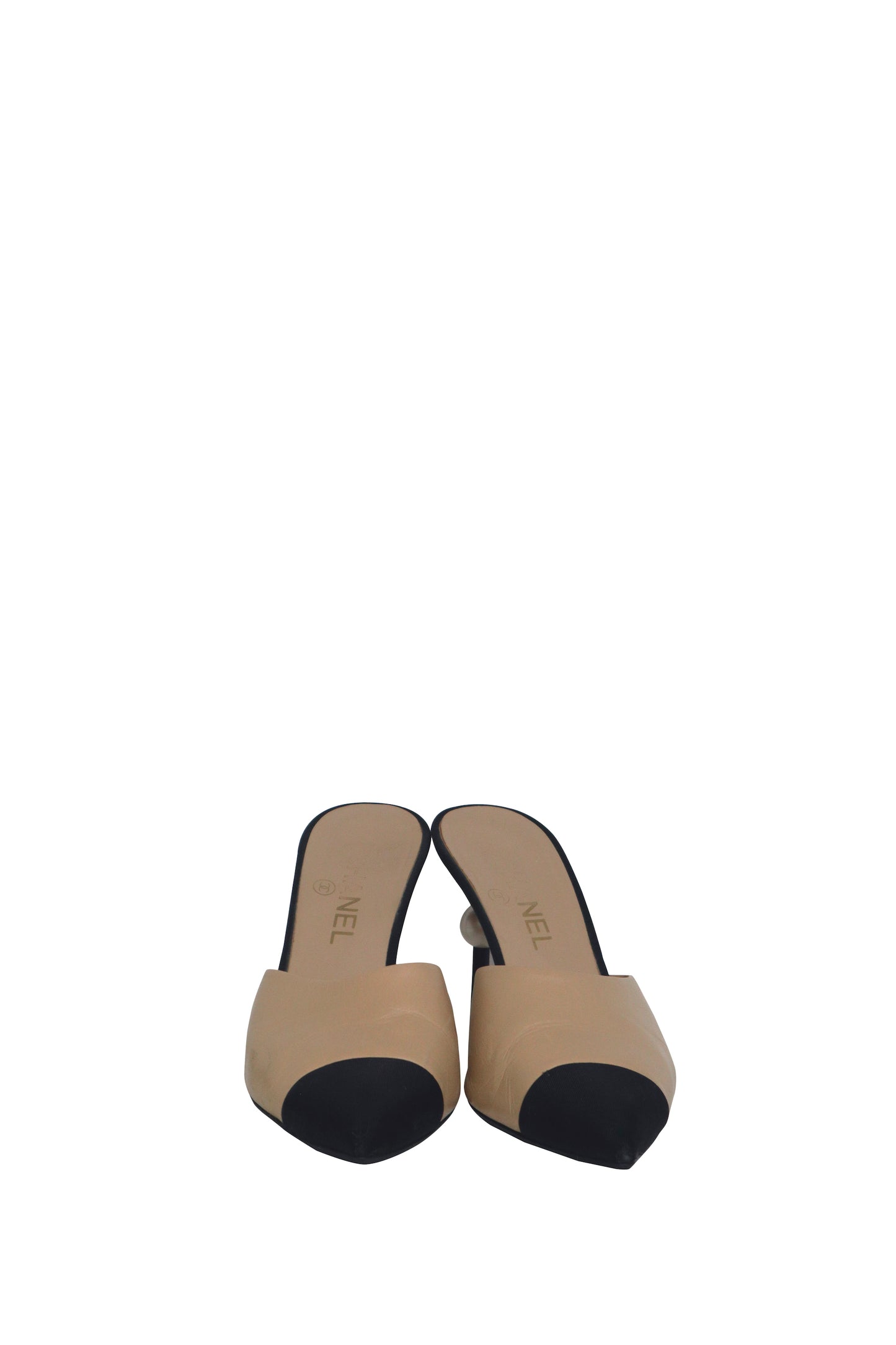 CHANEL - Nude and Black Mule w/ Pearl Detail - Size 38.5