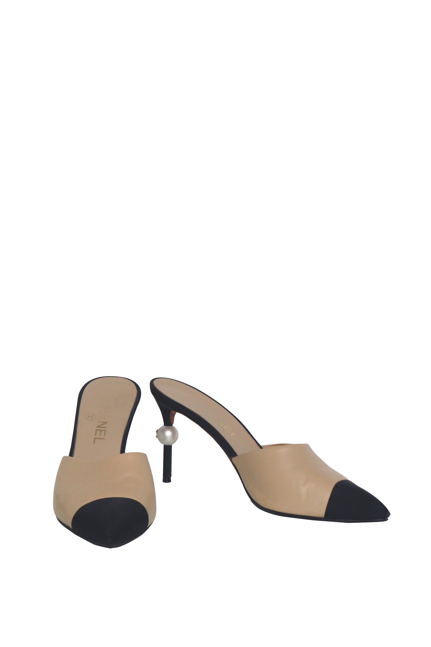 CHANEL - Nude and Black Mule w/ Pearl Detail - Size 38.5