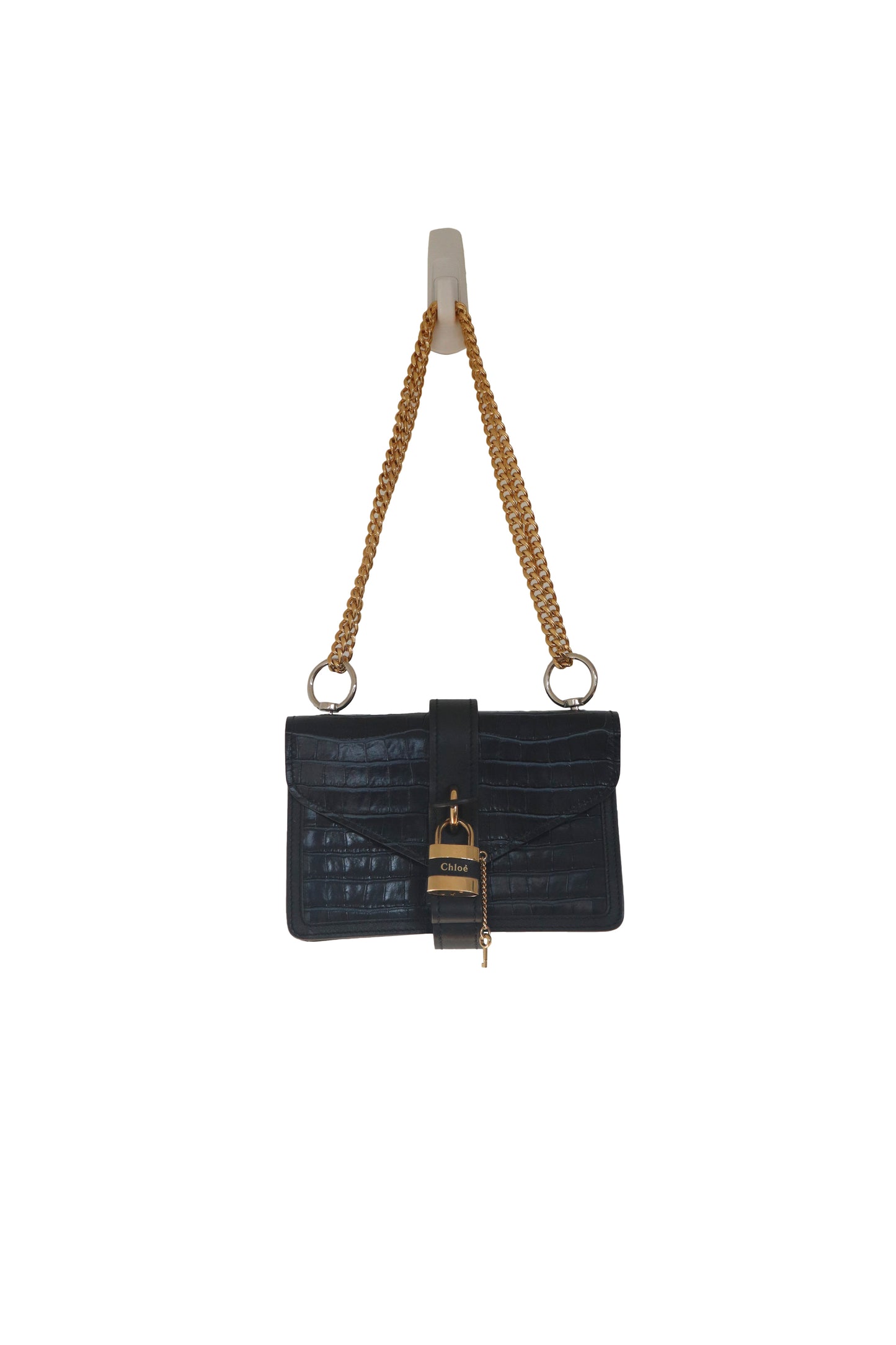 CHLOE - Navy Croc Embossed Leather Mini Aby Chain Shoulder Bag