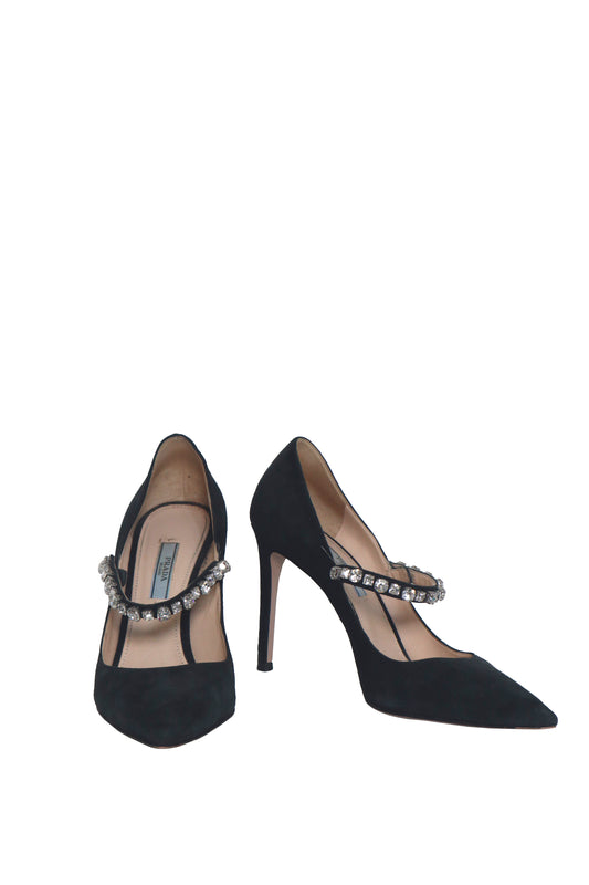 PRADA - Black Crystal Pointy Toe Heels- Size 37.5